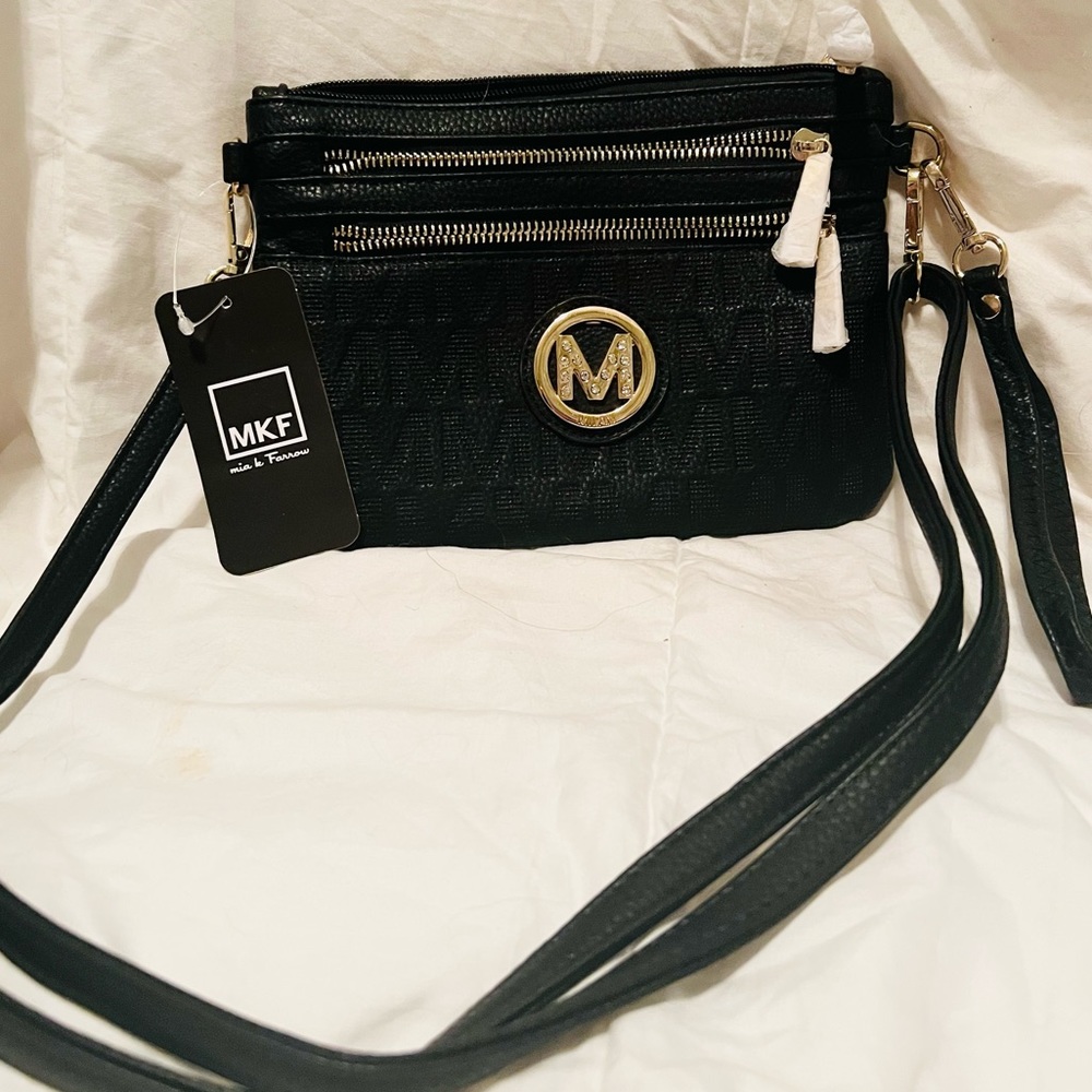 Mkf black cross body bag with gold embellishments